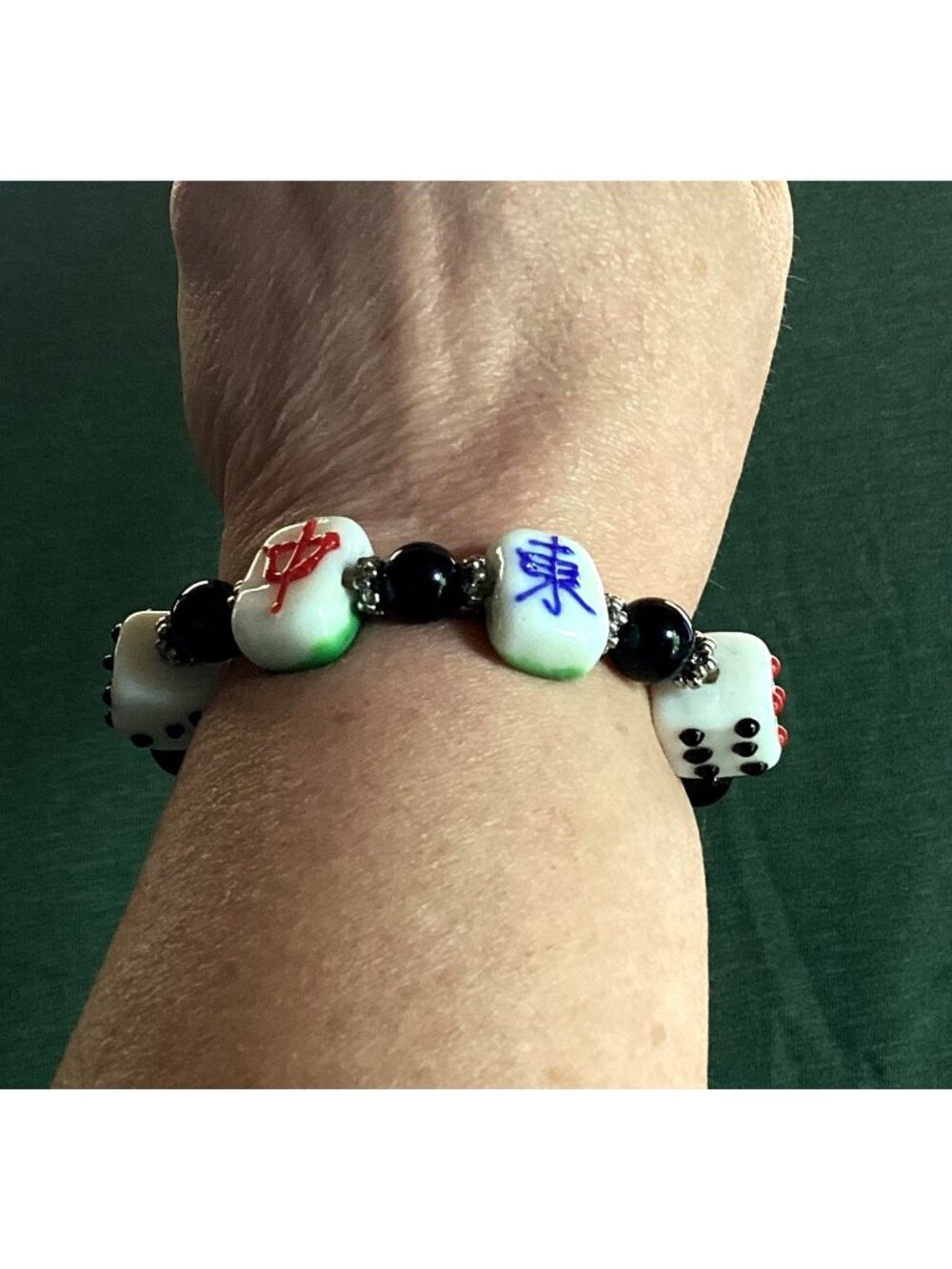 Chunky Handmade Stretch Bracelet with Dice & Mah Jong Tile Lampwork Glass Beads